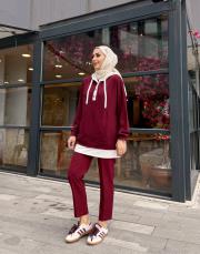 çift renk kapüşonlu sweatshırt bordo 3