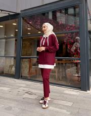 çift renk kapüşonlu sweatshırt bordo 4
