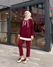 çift renk kapüşonlu sweatshırt bordo 5
