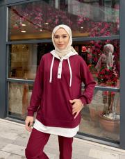 çift renk kapüşonlu sweatshırt bordo 6