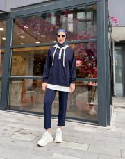 çift renk kapüşonlu sweatshırt lacivert 2