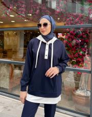 çift renk kapüşonlu sweatshırt lacivert 3