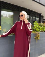 şerit detay basic elbise bordo 6