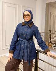 kadife detay denim ceket lacivert