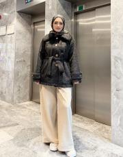 kemer detay kürk ceket siyah