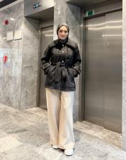 kemer detay kürk ceket siyah 3