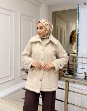 kemer detay kürk ceket bej 4