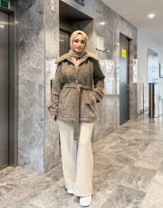 kemer detay kürk ceket kahve