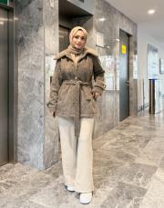 kemer detay kürk ceket kahve 3