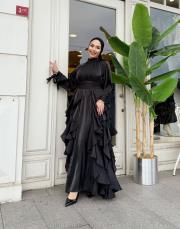 fırfır detay kemerli saten elbise siyah