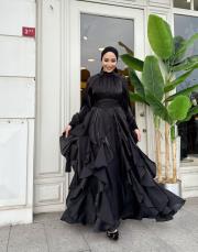 fırfır detay kemerli saten elbise siyah 2