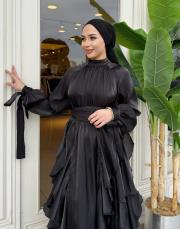 fırfır detay kemerli saten elbise siyah 3