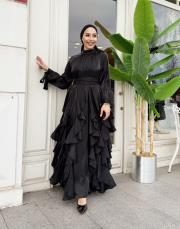 fırfır detay kemerli saten elbise siyah 5