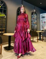 fırfır detay kemerli saten elbise bordo 2