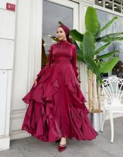 fırfır detay kemerli saten elbise bordo 6