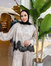 plise dantel detay takım bej 5