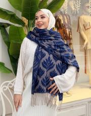 yaprak desen kaşmir omuz şalı saks 2