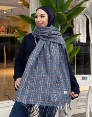 kare desen kaşmir omuz şalı mavi