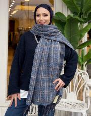 kare desen kaşmir omuz şalı mavi 2