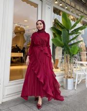ithal likralı fırırlı tasarım elbise bordo