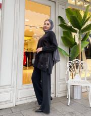 yanı fermuarlı bol paça takım siyah 3