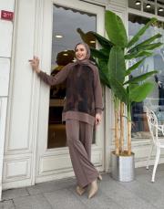 yanı fermuarlı bol paça takım vizon