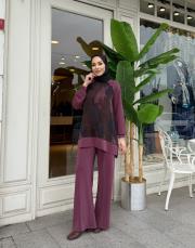 yanı fermuarlı bol paça takım mürdüm 4