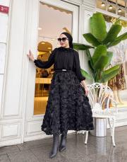 ithal tasarım güllü etek siyah