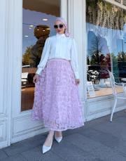 ithal tasarım güllü etek toz pembe