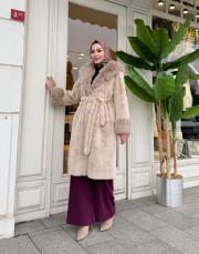 kol ve yaka detay angora kaban bej