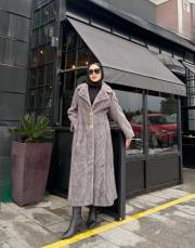 deri kemer detay kürk kaban gri