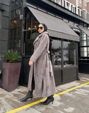 deri kemer detay kürk kaban gri 2