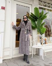 deri kemer detay kürk kaban gri 5