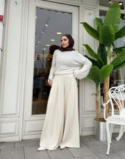 plise detay etekli pantolon bej