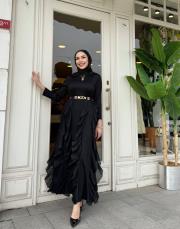 ithal pliseli şifon volanlı elbise siyah