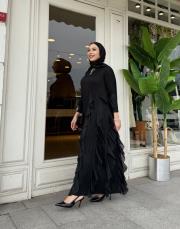 ithal pliseli şifon volanlı elbise siyah 2