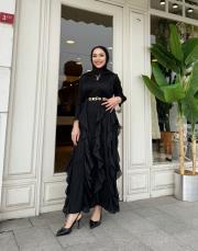 ithal pliseli şifon volanlı elbise siyah 3