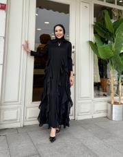 ithal pliseli şifon volanlı elbise siyah 4