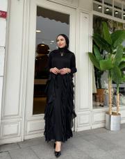 ithal pliseli şifon volanlı elbise siyah 5