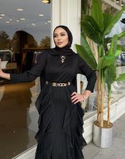 ithal pliseli şifon volanlı elbise siyah 6