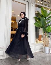 ithal yakası taşlı şifon elbise siyah 2