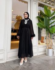 ithal yakası taşlı şifon elbise siyah 3