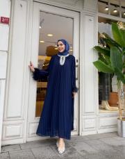 ithal yakası taşlı şifon elbise lacivert 5