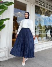 dökümlü pliseli yaka detaylı ipek krep bluz ekru