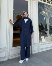 kapüşonlu uzun tensel kap lacivert