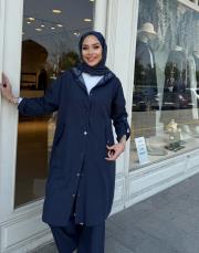 kapüşonlu uzun tensel kap lacivert 2