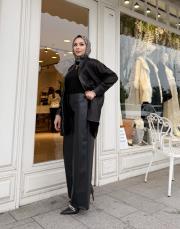 velour deri bol paça pantolon siyah 5