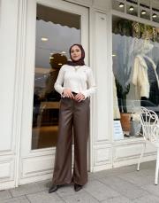 velour deri bol paça pantolon kahve 2