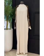 ipek qupra kol detay soğuk iplik elbise bej