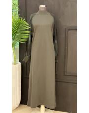 ipek qupra kol detay soğuk iplik elbise haki